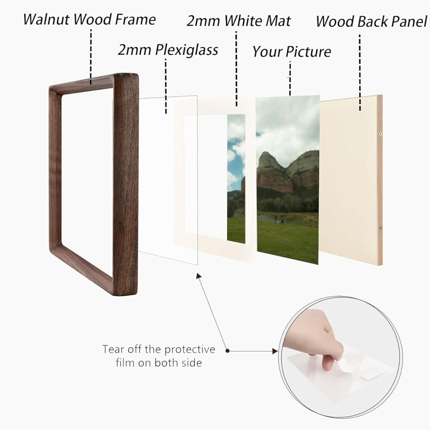 18x18 Square Picture Frame in Natural Walnut Wood, Solid Wooden Frames matted to 16x16