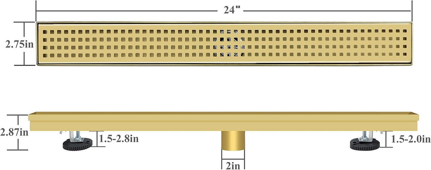 24 Inch Gold Rectangular Shower Drain with Removable Quadrato Pattern Cover Grate