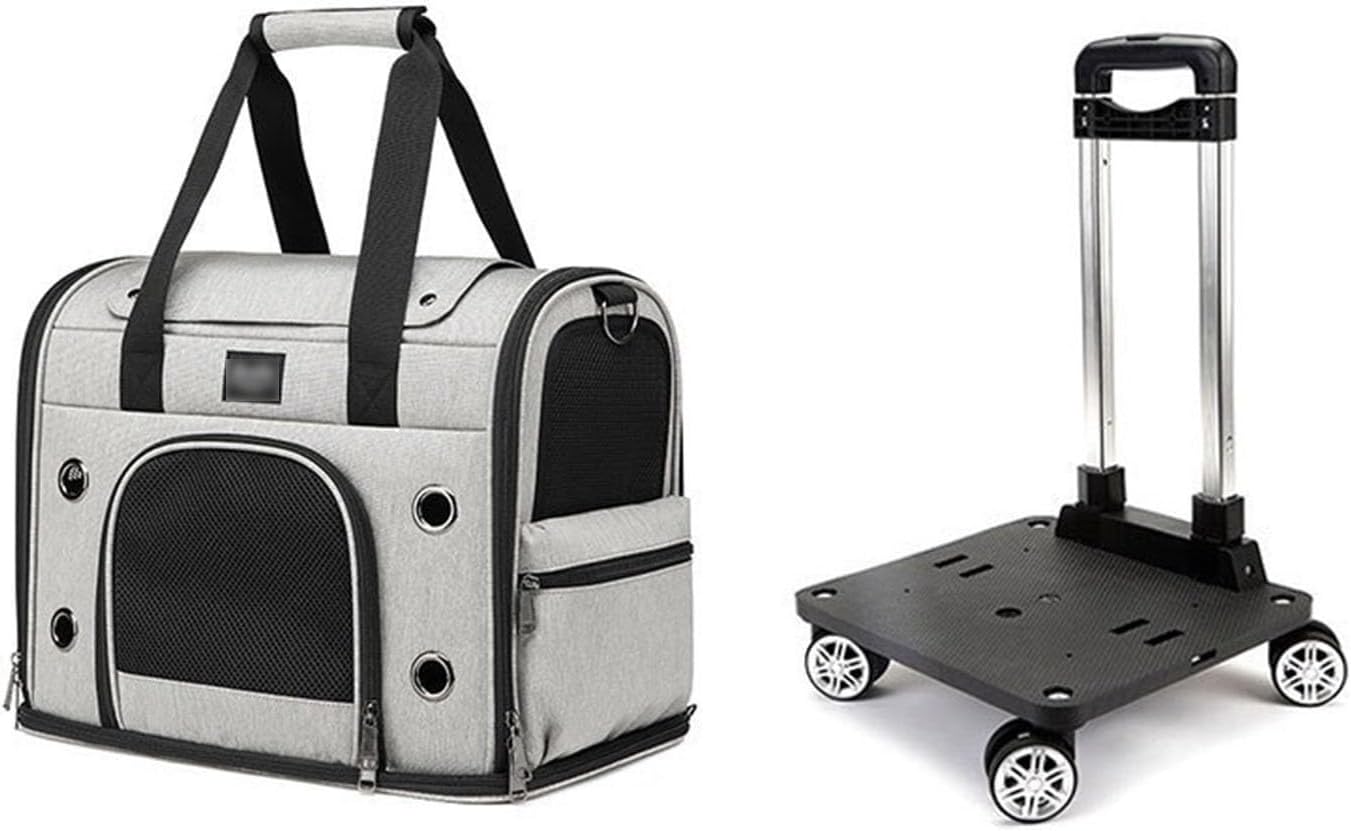 A gray pet trolley case with wheels and a telescopic handle designed for carrying pets. The image shows the case with the wheels detached and the telescopic handle in a retracted state.
