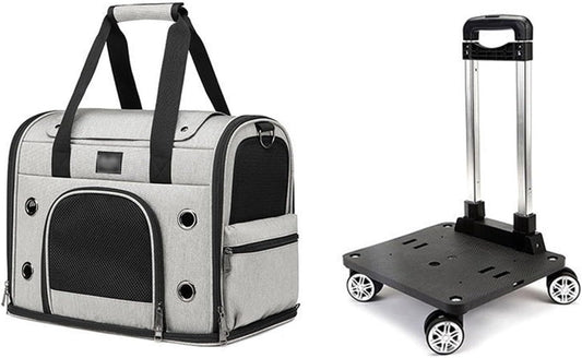 A gray pet trolley case with wheels and a telescopic handle designed for carrying pets. The image shows the case with the wheels detached and the telescopic handle in a retracted state.
