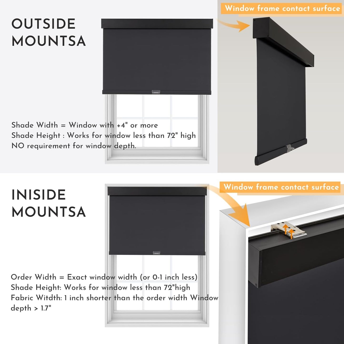 Persilux Cordless Blackout Roller Shades for Windows (Black, 15" W x 64" H)