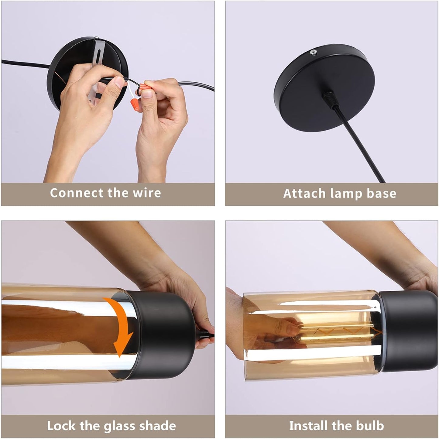 Glass Pendant Light, Black Modern Hanging Lamp with Amber Cylinder Shade