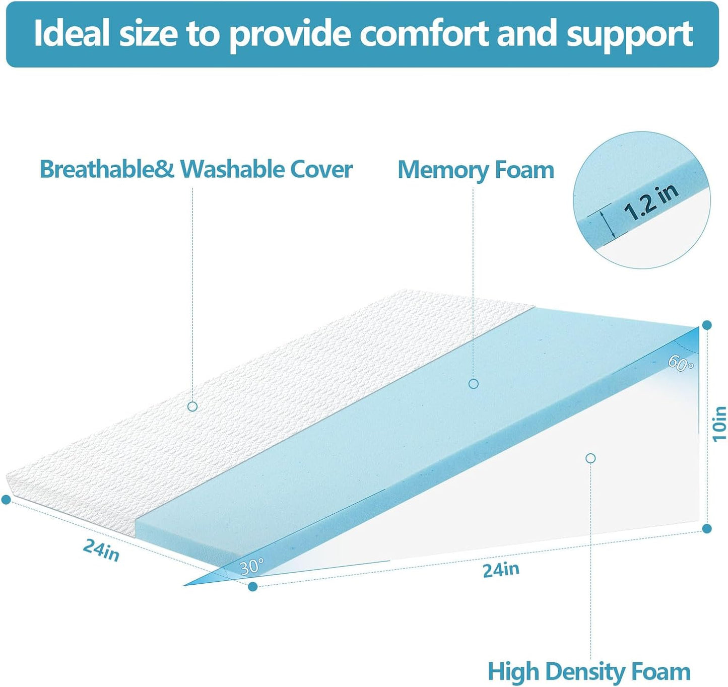 Wedge Pillow for Sleeping & Resting, 24"x24"x10" Memory Foam Cushion