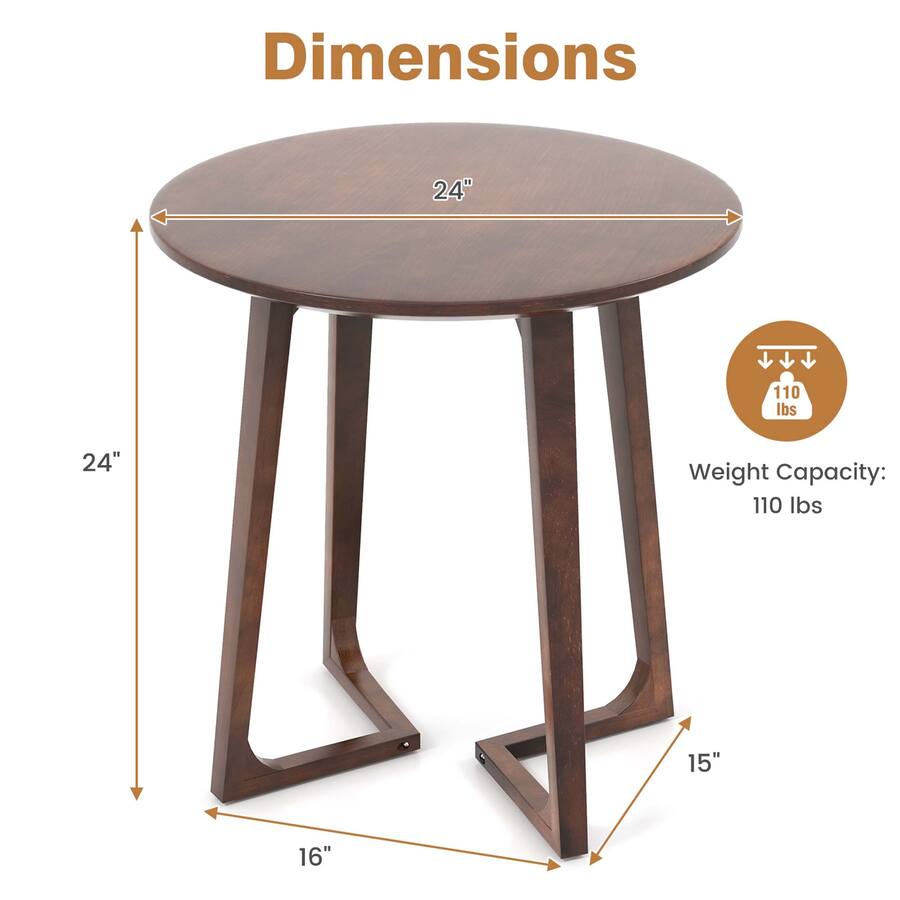 Costway - 24" Round Side Table Solid Rubber Wood End Table