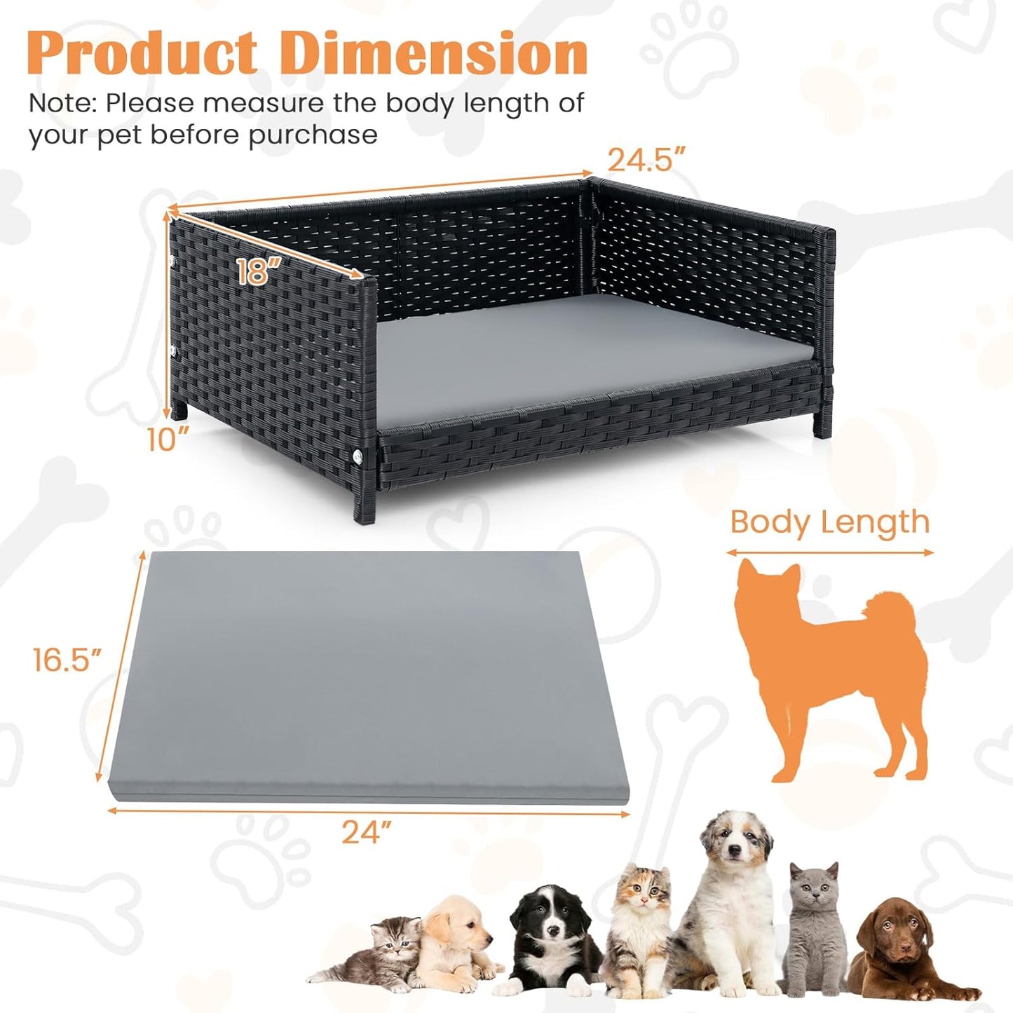 PETSITE Wicker Dog Bed, Rattan Pet Bed with Metal Frame, 24.5 x 18 x 10 inch