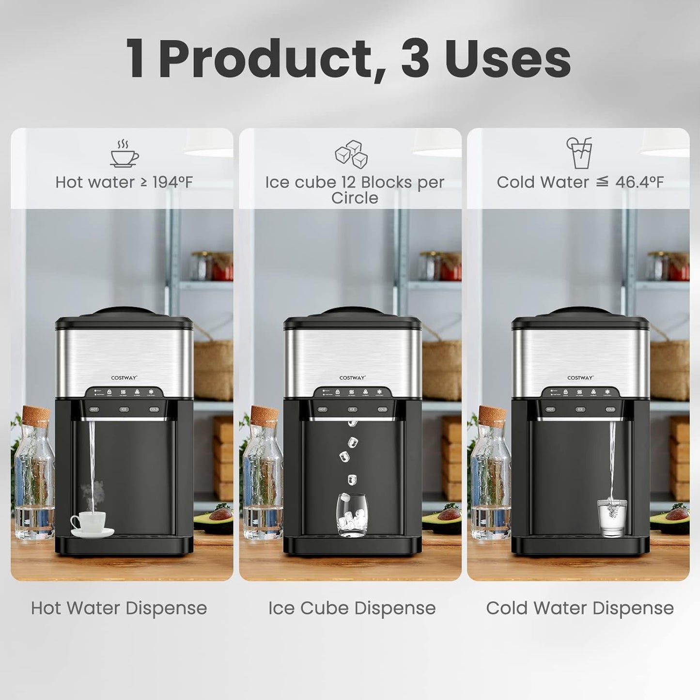 COSTWAY Countertop Water Dispenser with Ice Maker, 3-in-1 Portable Hot Cold Dispenser