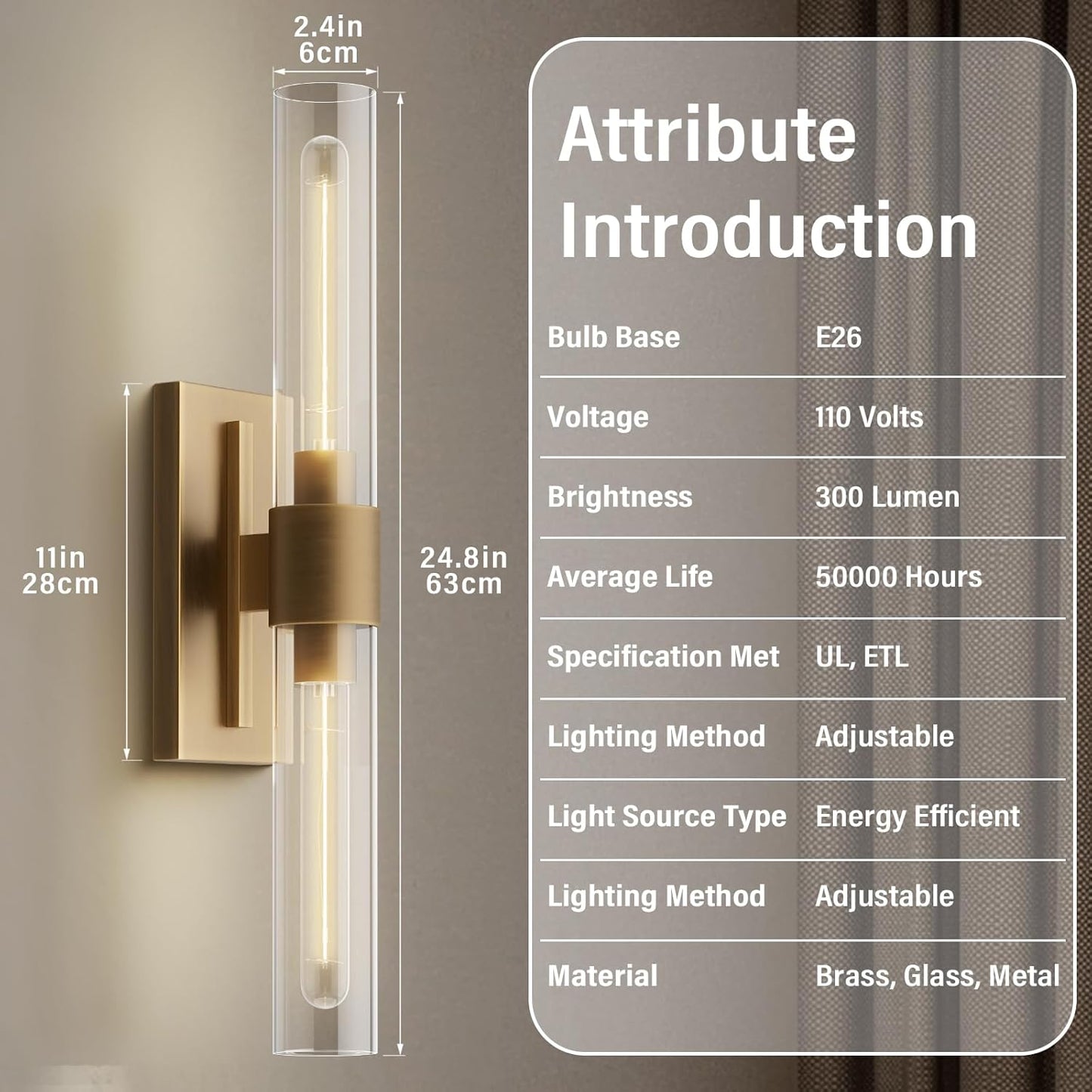 Brass Wall Sconces Set of Two 22.8" Indoor Wall Light Fixtures,Bathroom Vanity Light