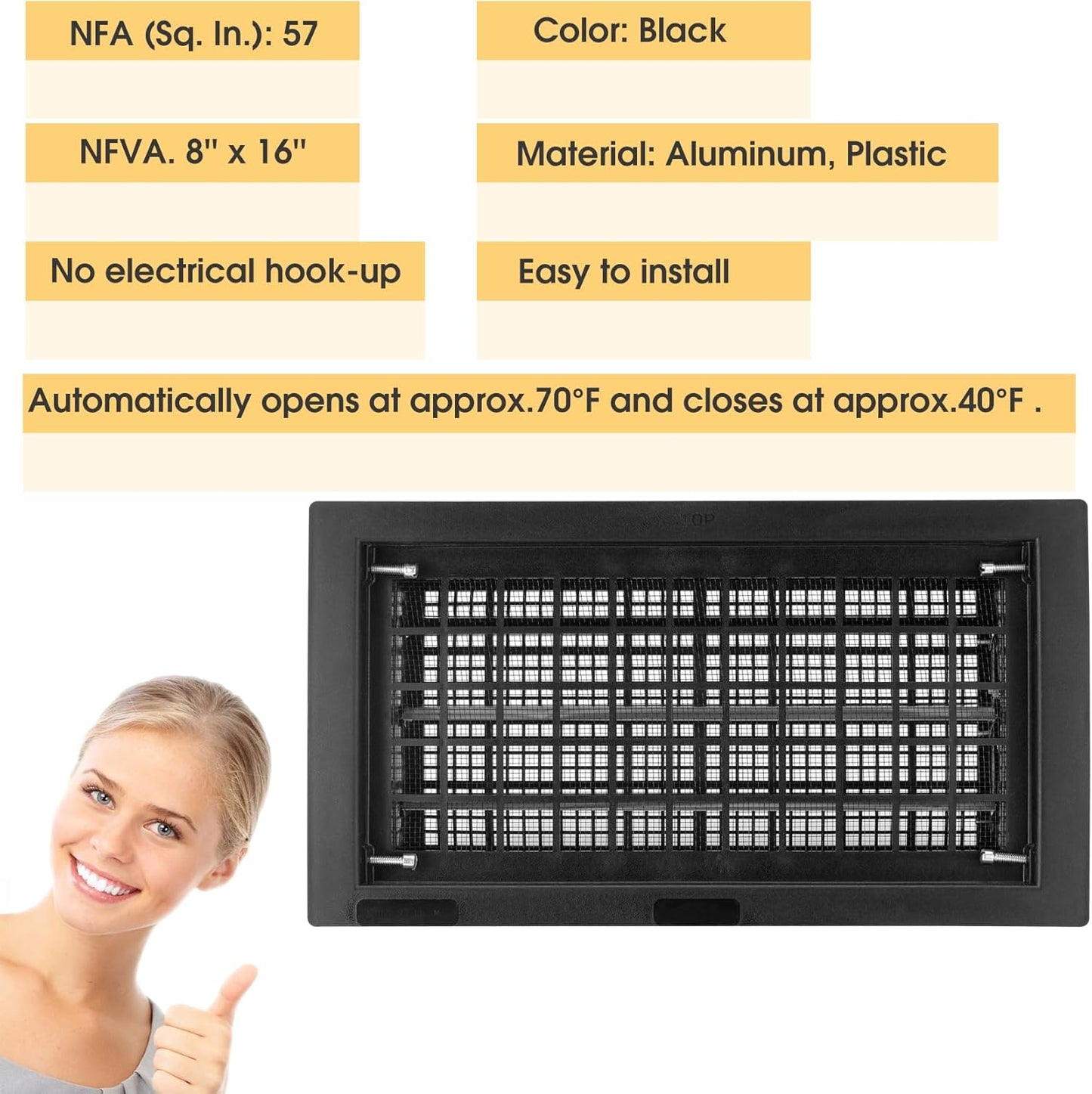 8" x 16" Automatic Foundation Vent for Ventilating Crawl Space Replacement Auto Air Vent, Black, 2 Pack