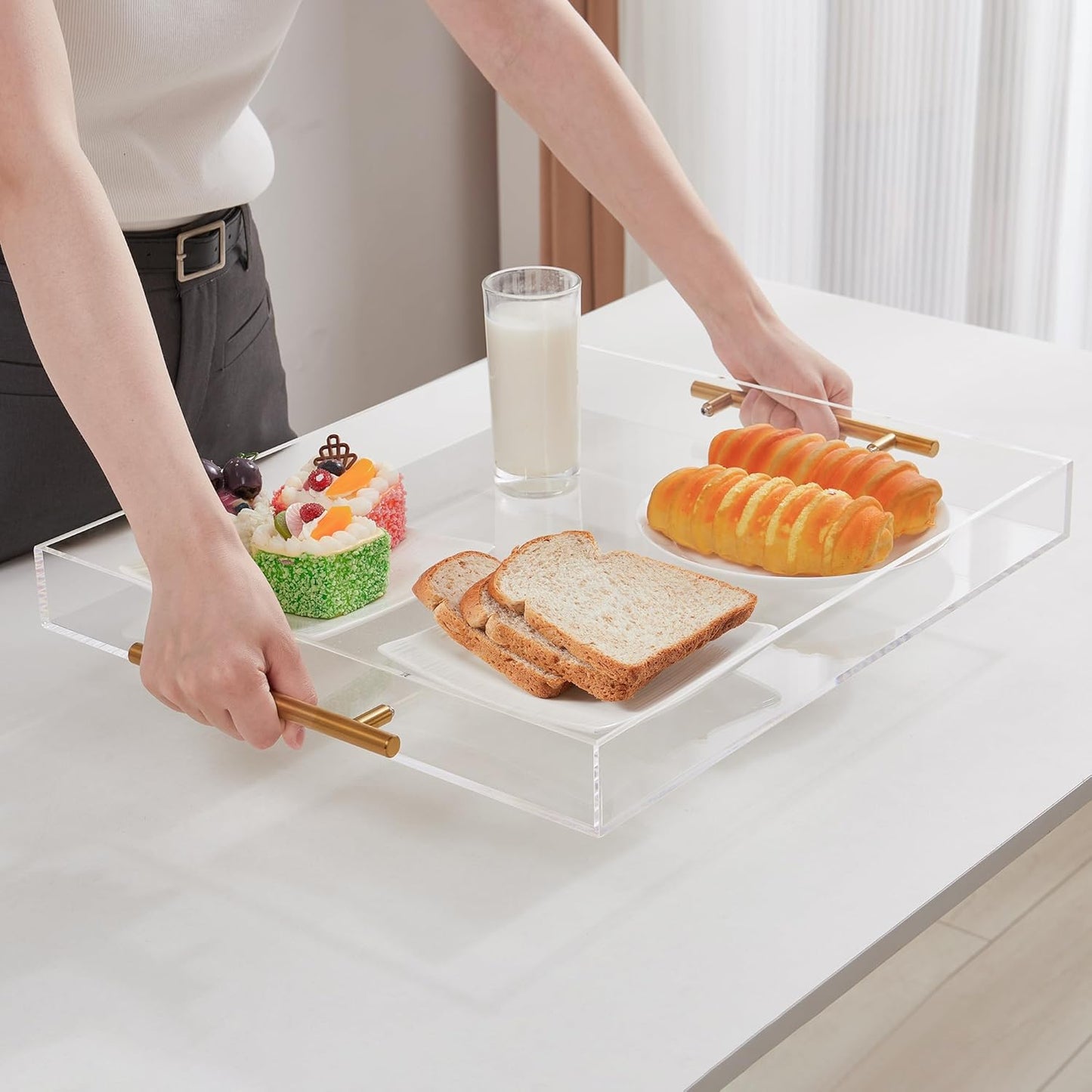 Large Clear Acrylic Serving Tray (16×18 Inches) with Gold Handles Spill Proof