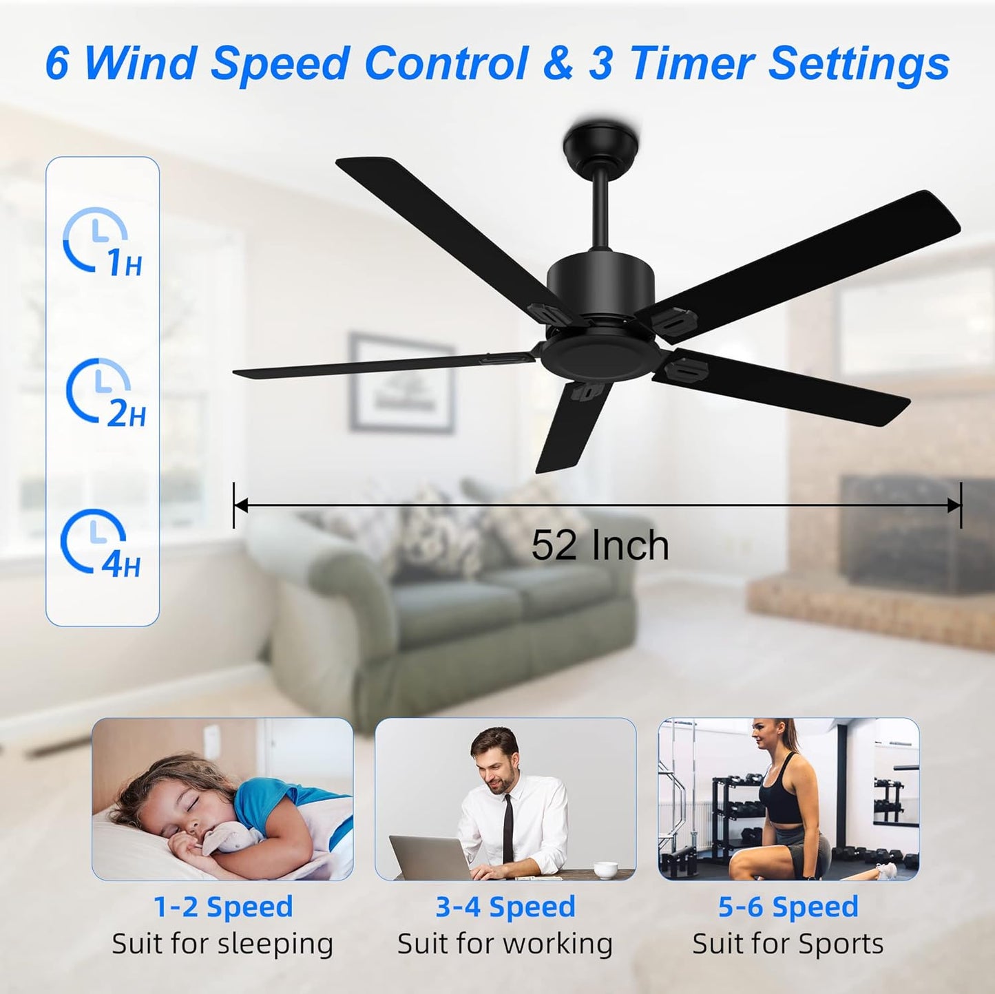 BECLOG Ceiling Fan with Remote Control, Ceiling Fans 52" Outdoor/Indoor with 6 Speeds