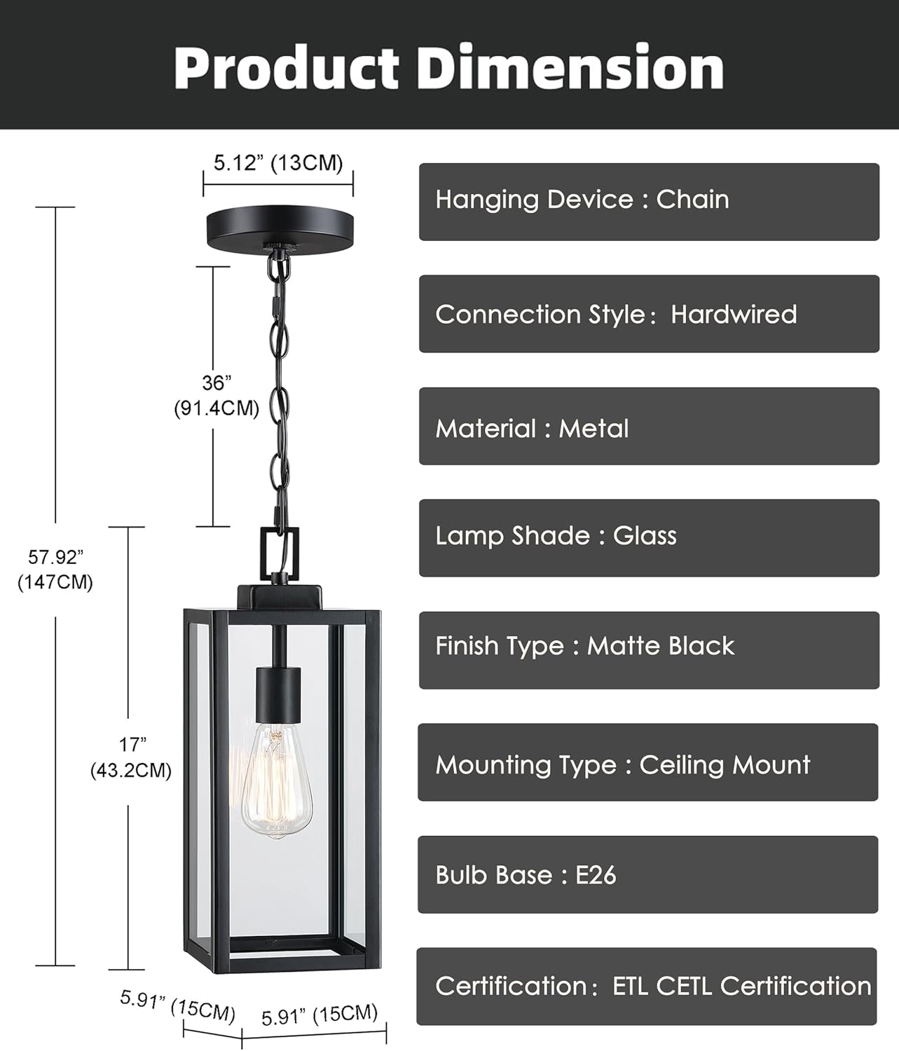 17 Inch Outdoor Pendant Light, Front Porch Outdoor Pendant Light