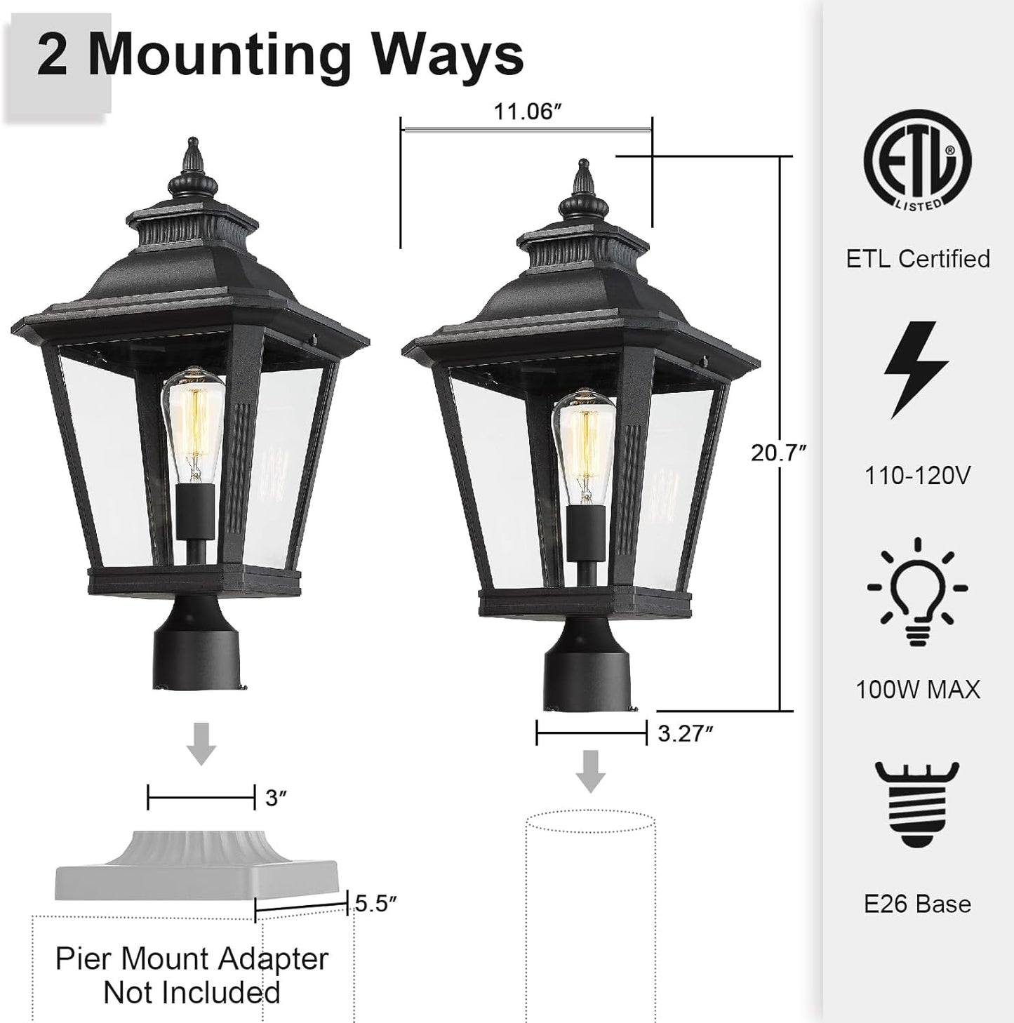 Large Outdoor Post Light Fixtures 21'' Lamp Post Light Fixture Black Finish