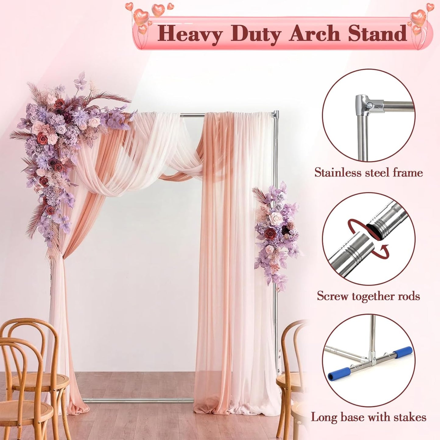 7FT Arch Backdrop Stand, 5FT Wide, Stainless Steel Wedding Arch Stand