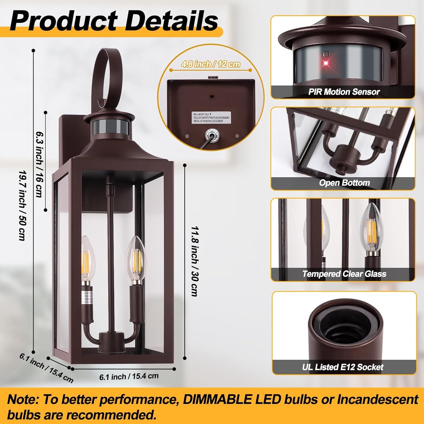 20" Oil Rubbed Bronze Motion Sensor Outdoor Light, Large Dusk to Dawn