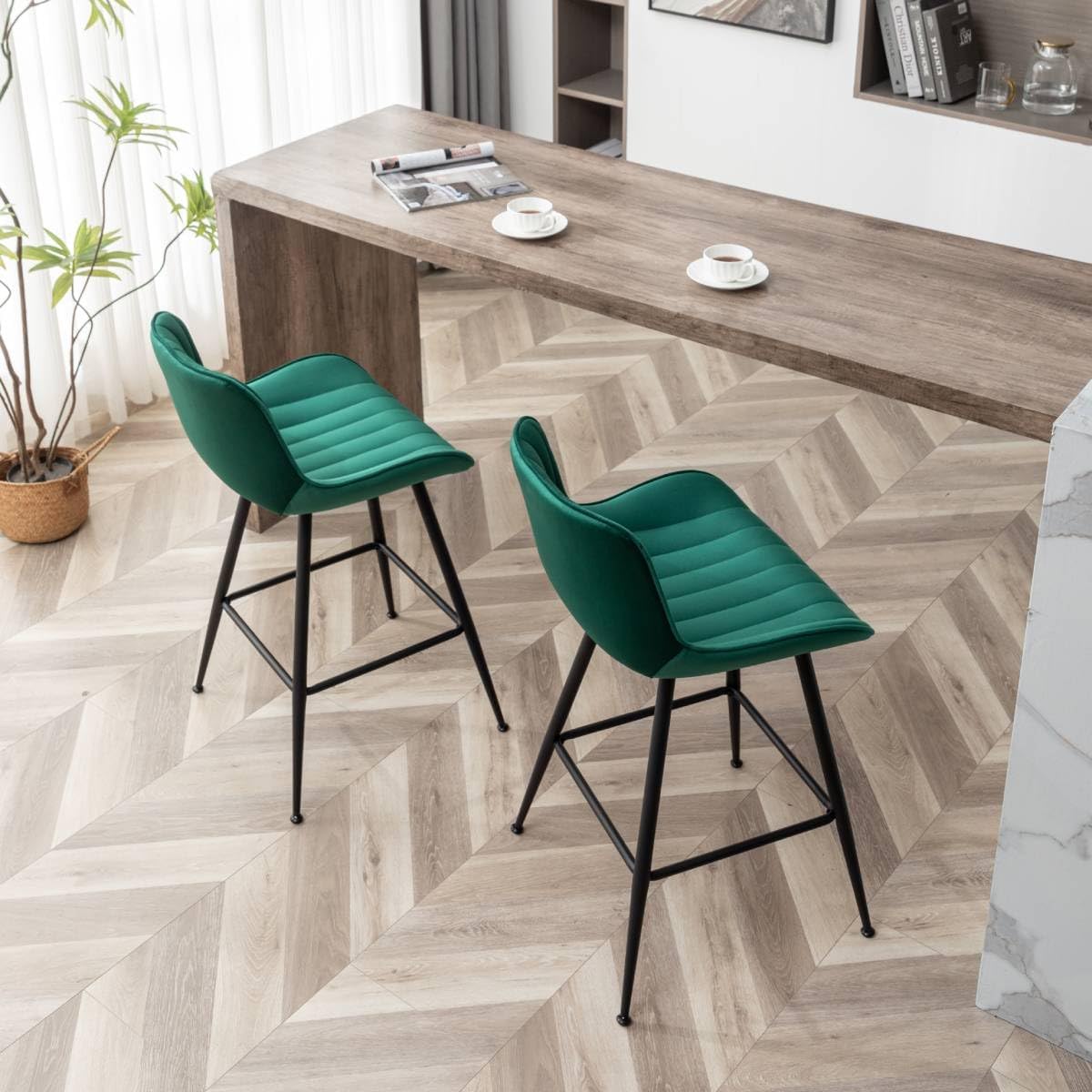 24 Inches Velvet Upholstered Island Stools, Bartools Set of 2, Fabric Counter Stools with Back