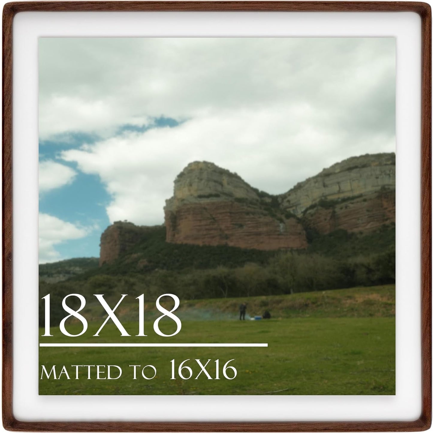 18x18 Square Picture Frame in Natural Walnut Wood, Solid Wooden Frames matted to 16x16