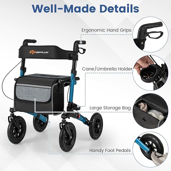 Goplus Walkers for Seniors with Seat, 2 in 1 Folding Rolling Rollator Walker with 9" Pneumatic Tires
