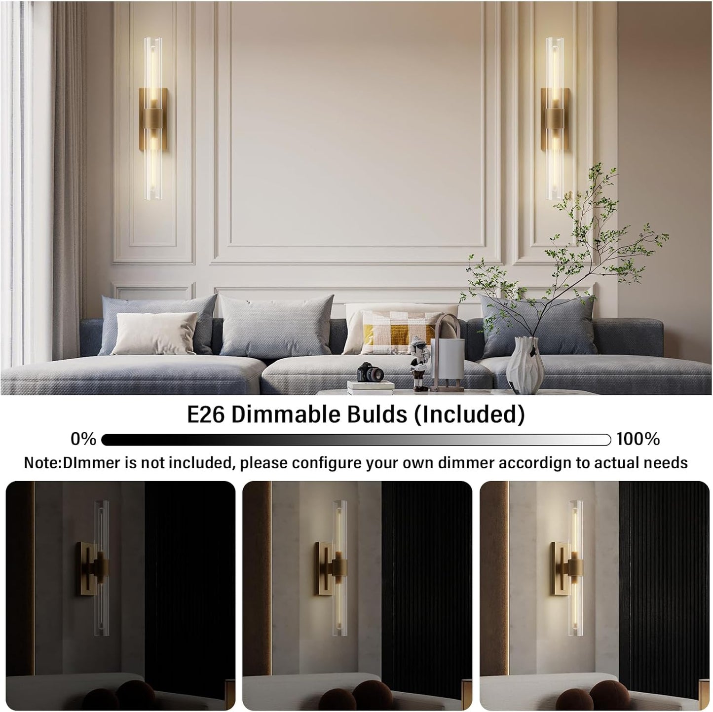 Brass Wall Sconces Set of Two 22.8" Indoor Wall Light Fixtures,Bathroom Vanity Light
