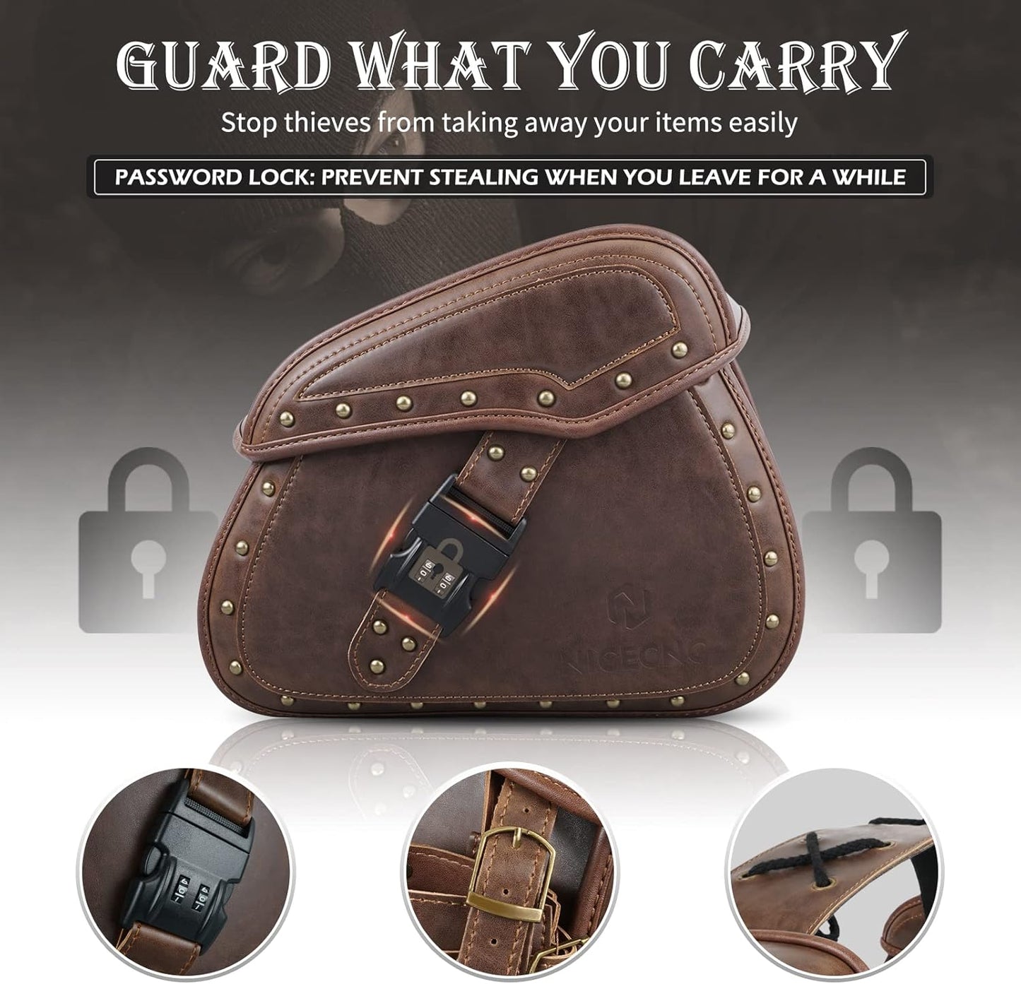 NICECNC Motorcycle Saddle Bags, PU leather Motorcycle Saddlebags, Reinforced Straps & Saddle Piece