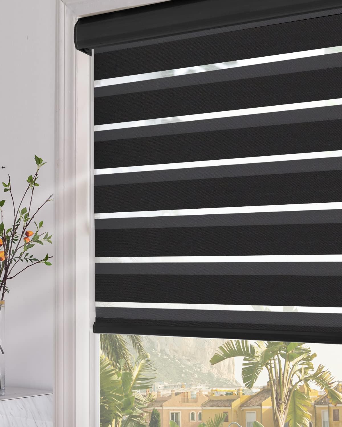 Persilux Zebra Roller Shades Blinds Dual Layer Sheer Shades (30" W X 64" H, Black)