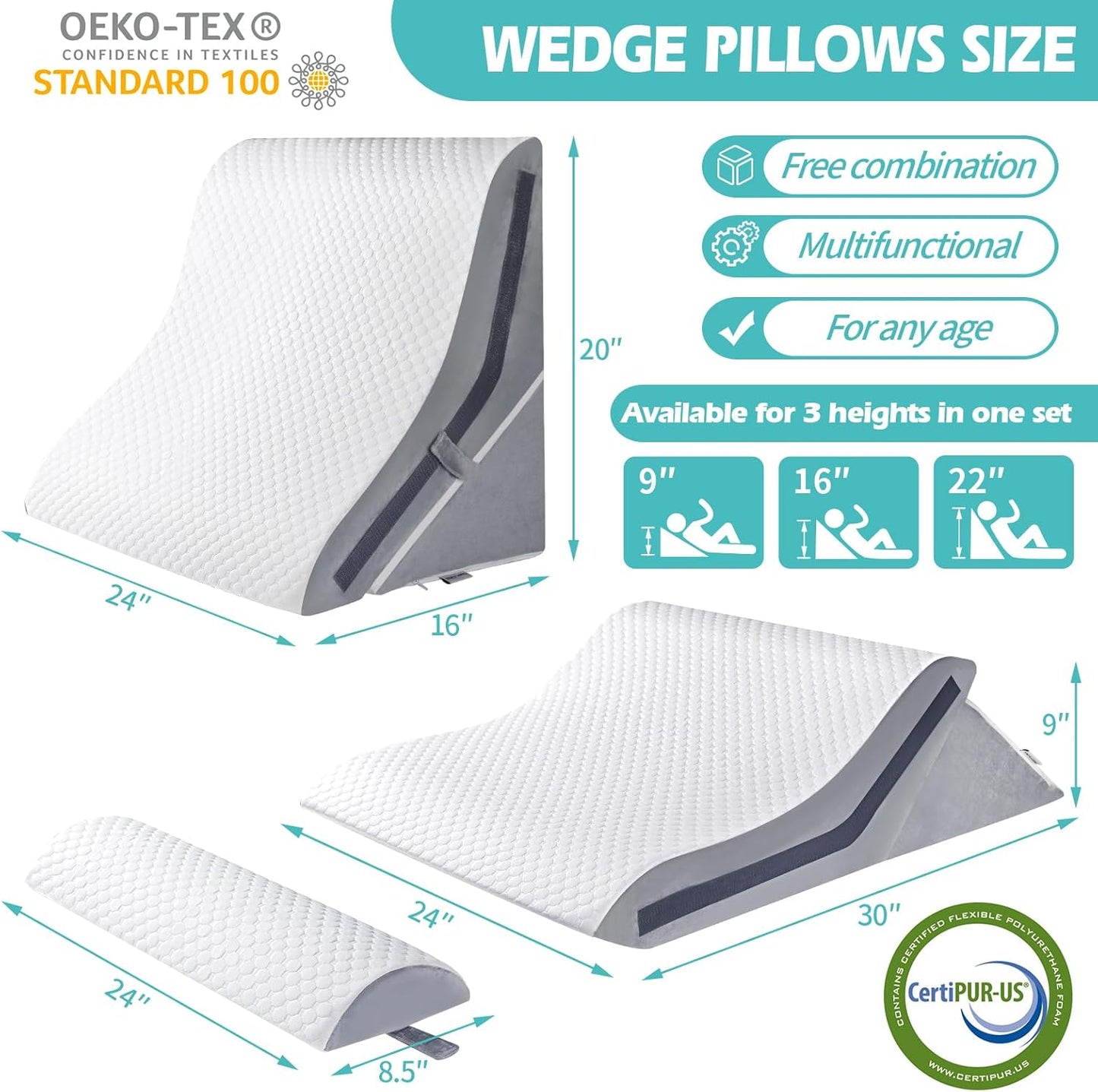 Wedge Pillow for Sleeping, Orthopedic Bed Wedge Pillow Set, 15-in-1