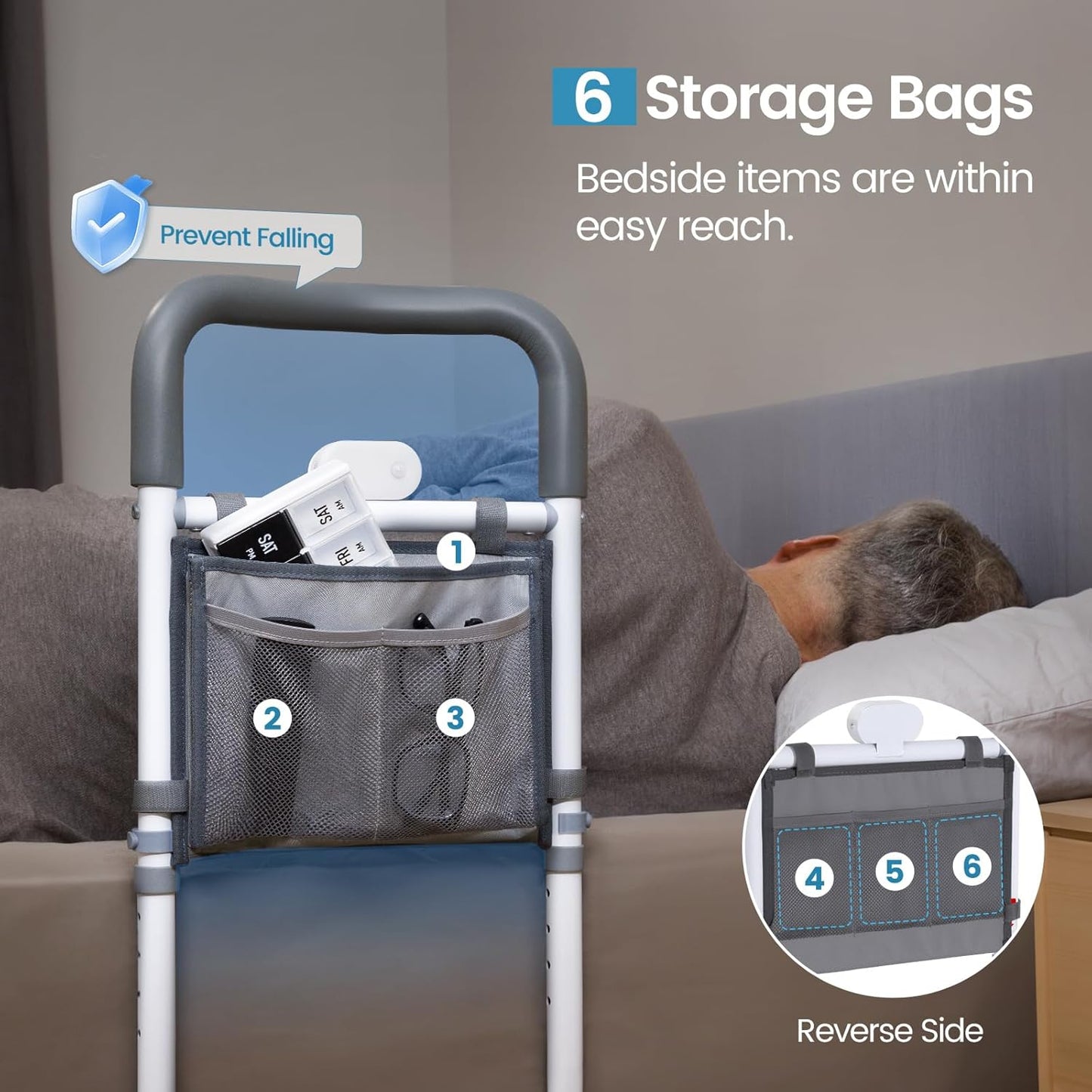 Adjustable Bed Rails for Elderly Adults with Night Light & Bag, Bed Assist Rail with Double Crossbar