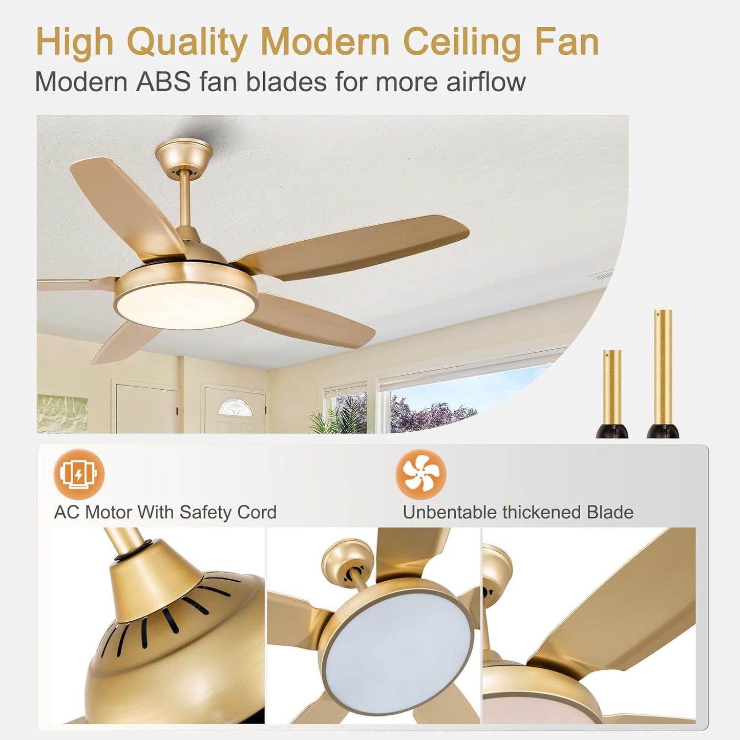 Gold Ceiling Fans with Light Remote Control, 52 Inch Champagne Gold Chandelier with LED Kit