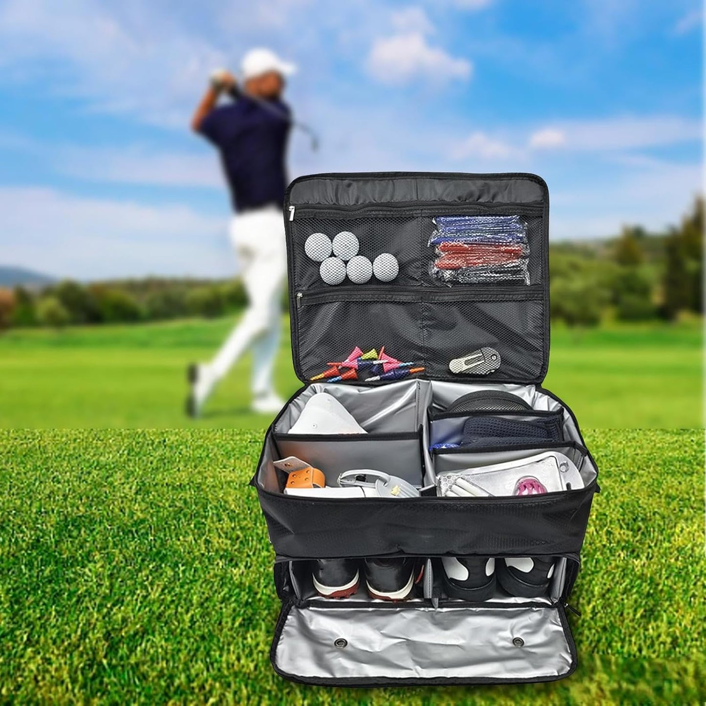Golf Trunk Organizer Locker Bag Portable Zipper 2 Layer Golf Storage Bag
