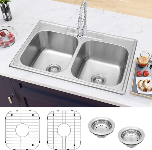 MILOSEN Double Bowl Kitchen Sink 33 x 22 x 9 Inch, Drop in