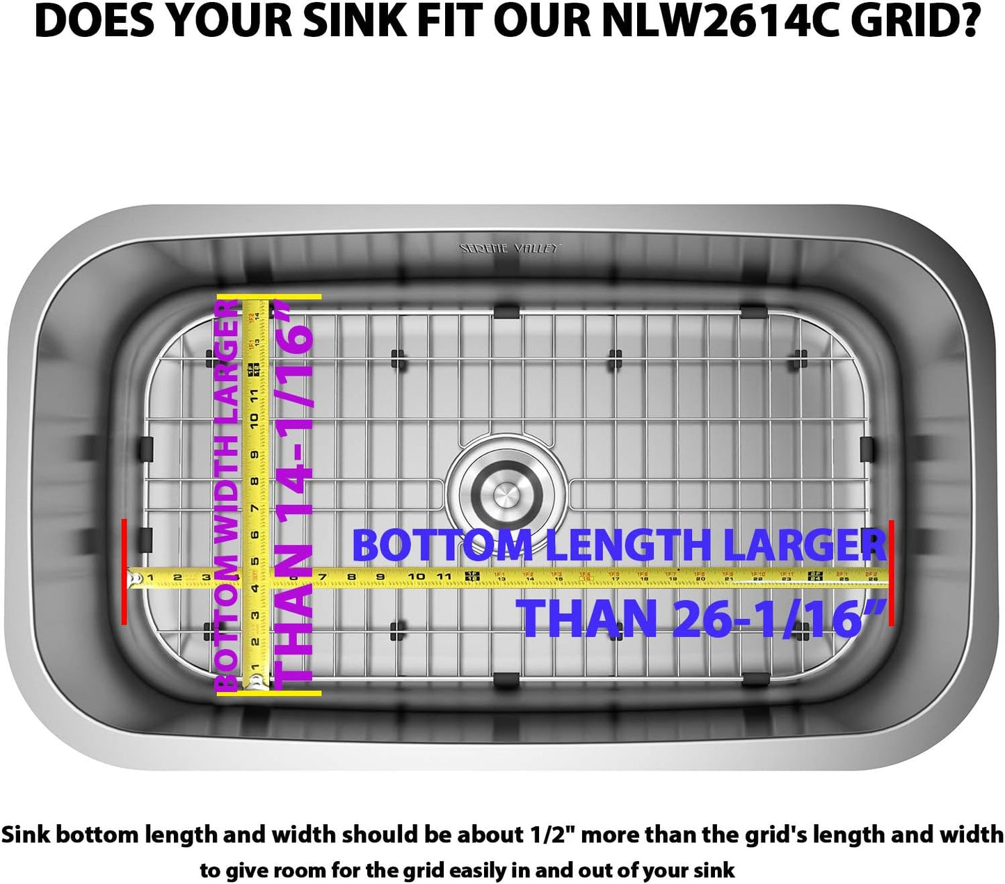 Serene Valley Sink Protector Grid 26-1/16" x 14-1/16", Centered Drain with Corner Radius 3-1/2"