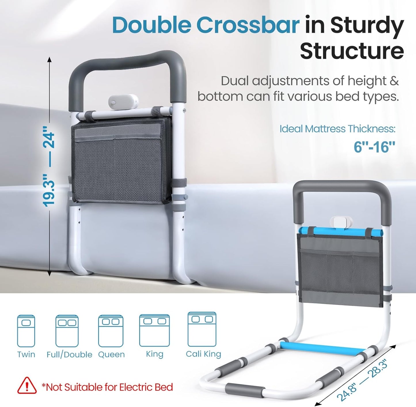 Adjustable Bed Rails for Elderly Adults with Night Light & Bag, Bed Assist Rail with Double Crossbar
