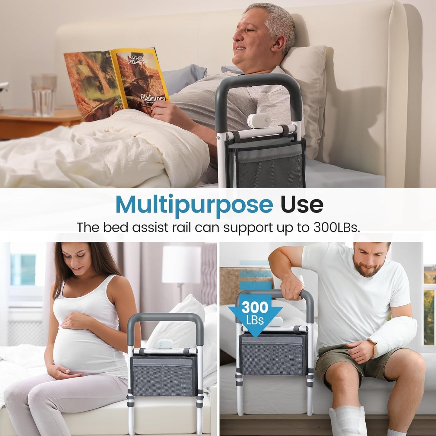 Adjustable Bed Rails for Elderly Adults with Night Light & Bag, Bed Assist Rail with Double Crossbar