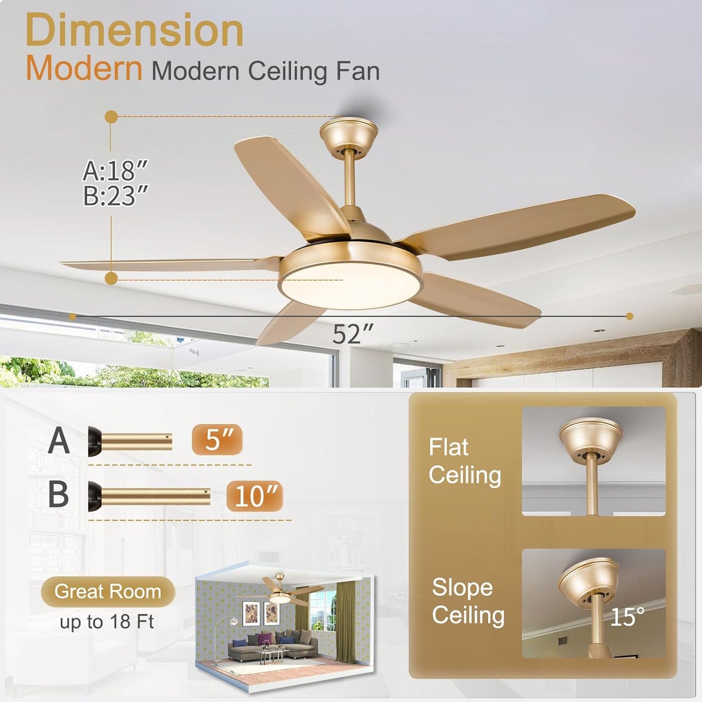 Gold Ceiling Fans with Light Remote Control, 52 Inch Champagne Gold Chandelier with LED Kit