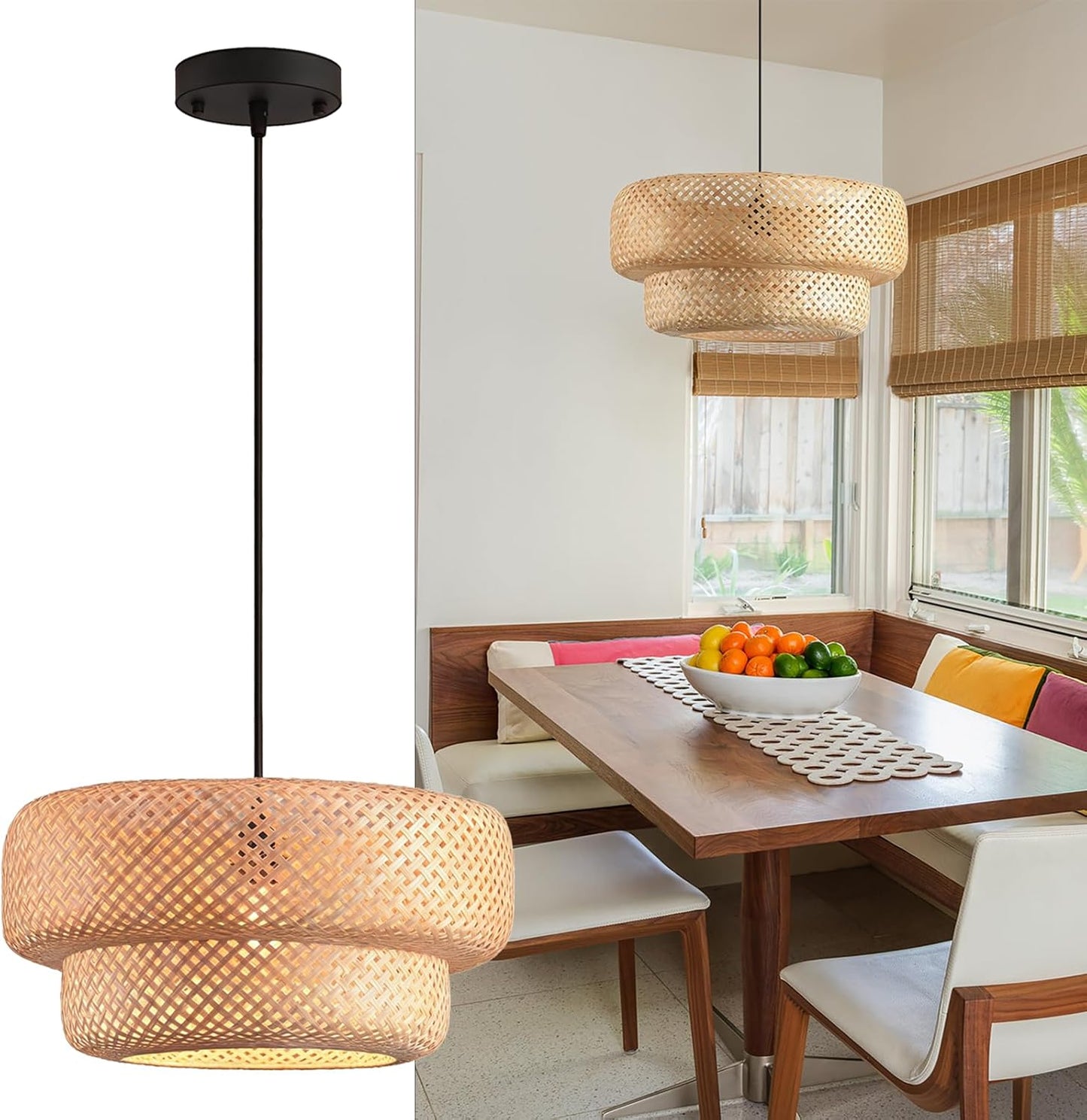 Bamboo Lights Fixtures 14.2in Rattan Pendant Light Kitchen Island 2-Tier Wicker Hanging Light