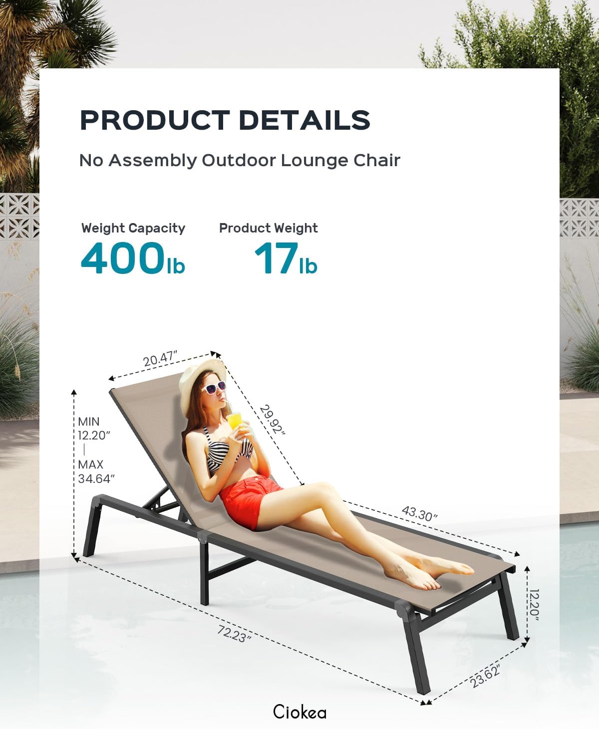 Aluminum Chaise Lounge Outdoor - Foldable & Assemble Free Outdoor Lounge Chair with 5 Positions