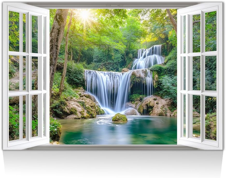 ZHOUWALLPIC Window View Waterfall Canvas Wall Art Nature Waterfall Landscape Paintings