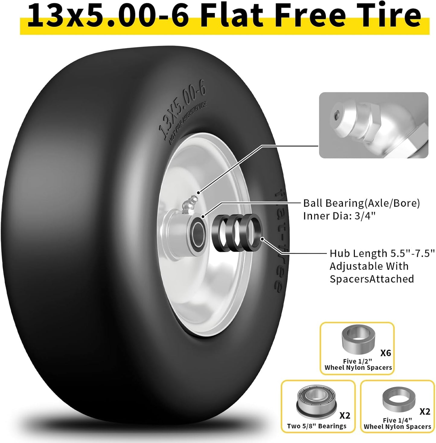 13x5.00-6 Flat Free Lawn Mower Tire and Wheel, 13x5x6 Solid Front Tires for Zero Turn Mower