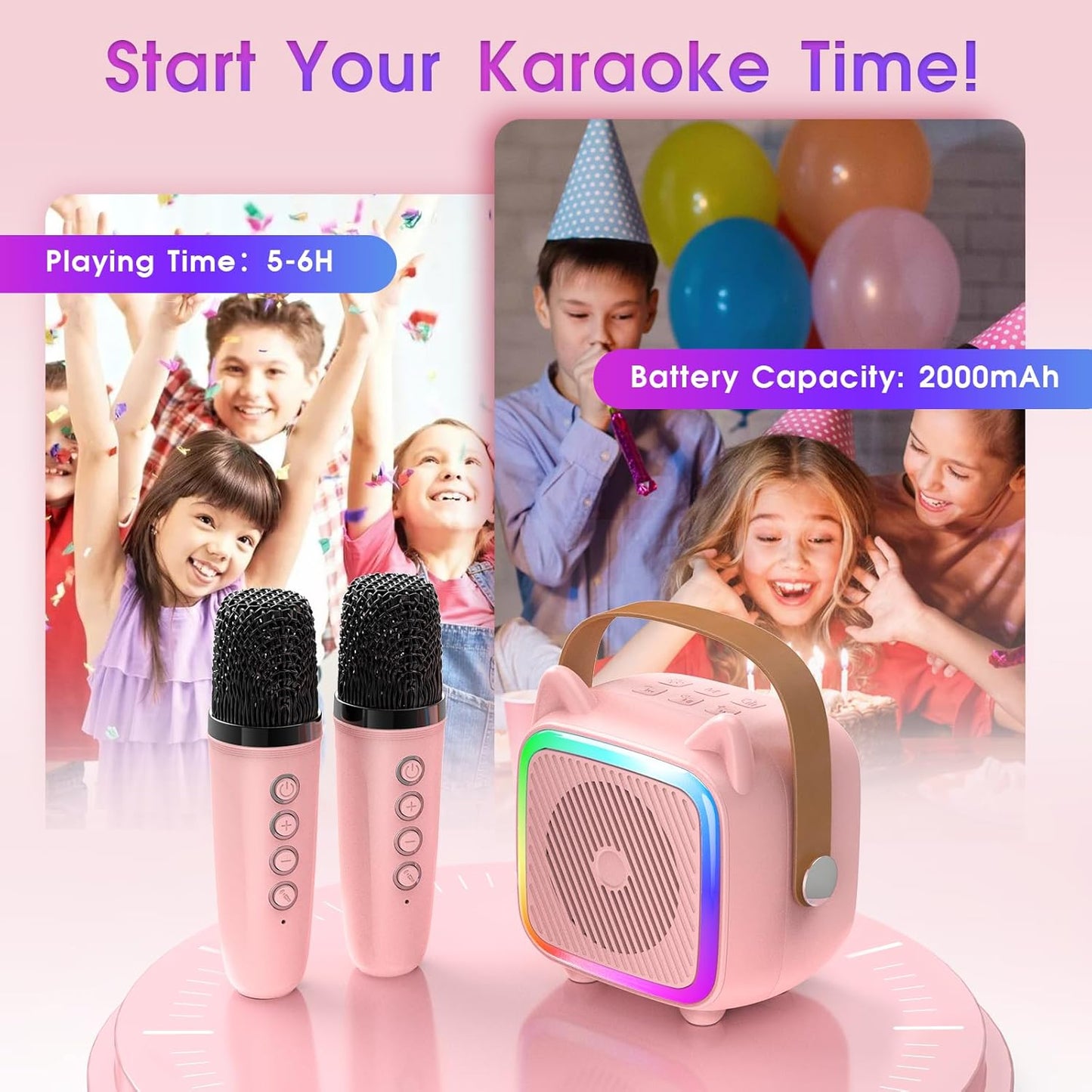 SXH Mini Portable Karaoke Machine for Kids with 2 Bluetooth Wireless Microphones