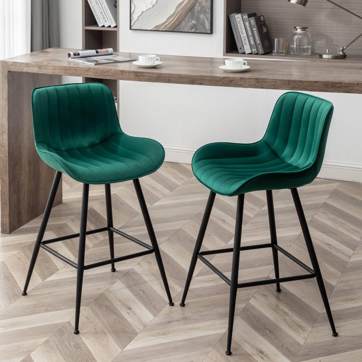 24 Inches Velvet Upholstered Island Stools, Bartools Set of 2, Fabric Counter Stools with Back