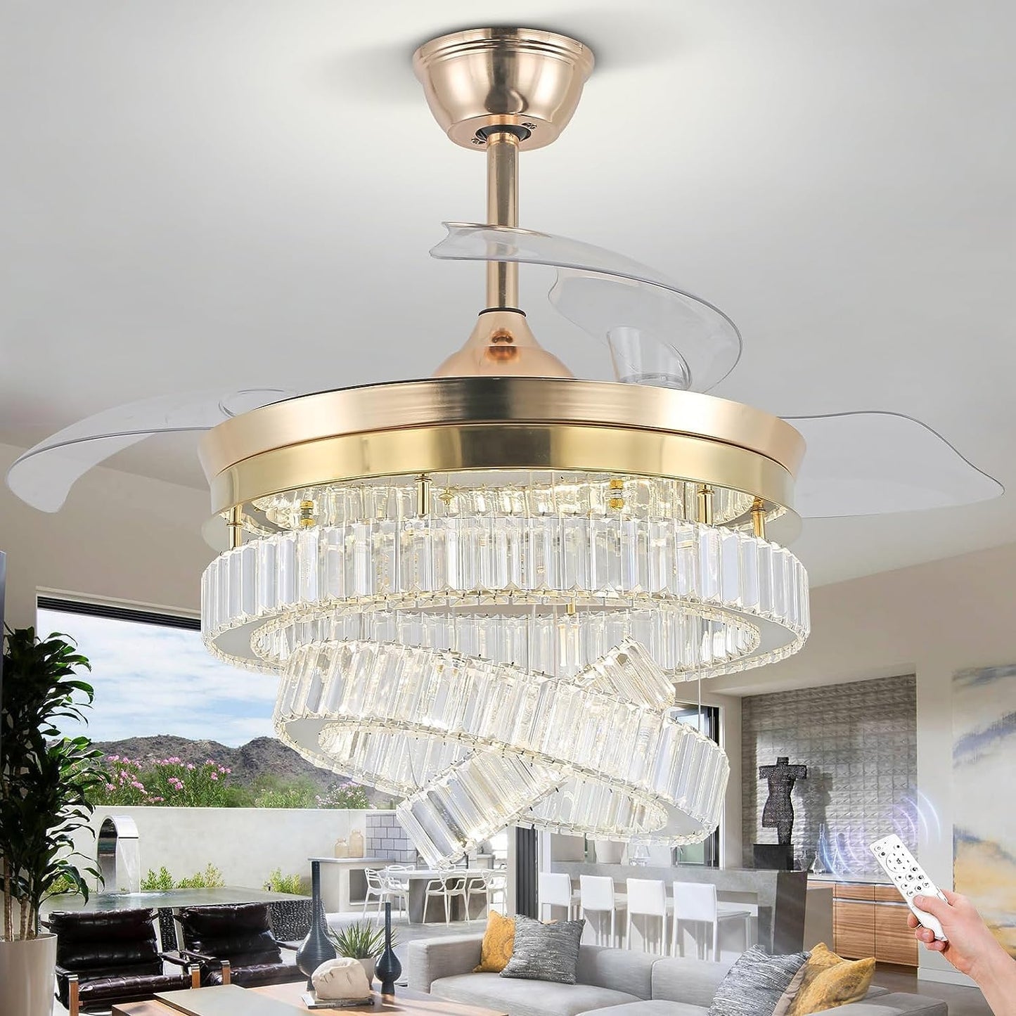 CXGLEAMING 42" Modern Crystal Ceiling Fan Fandelier Gold