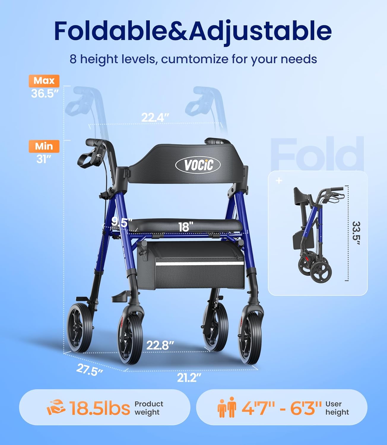 Walkers for Seniors,Foldable Walker with Seat,Rollator Walker with Durable Aluminum,8" Big Wheels