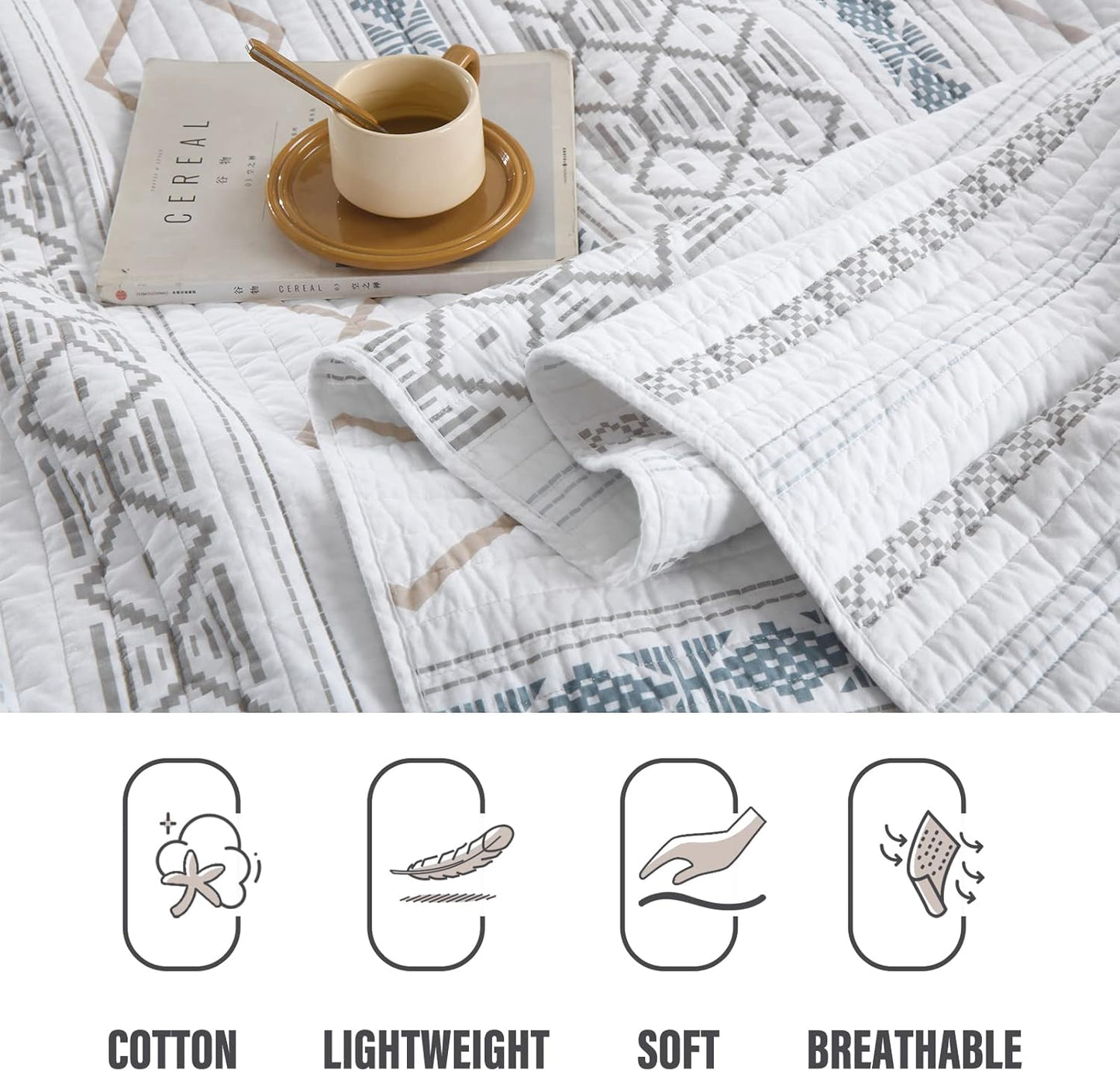 Y-PLWOMEN Geometric Quilt King Size - 100% Cotton Quilt, Striped King Quilt Set