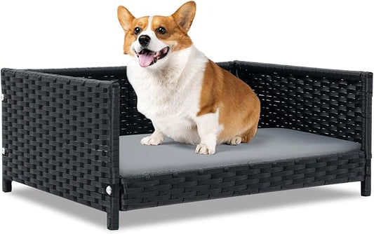 PETSITE Wicker Dog Bed, Rattan Pet Bed with Metal Frame, 24.5 x 18 x 10 inch