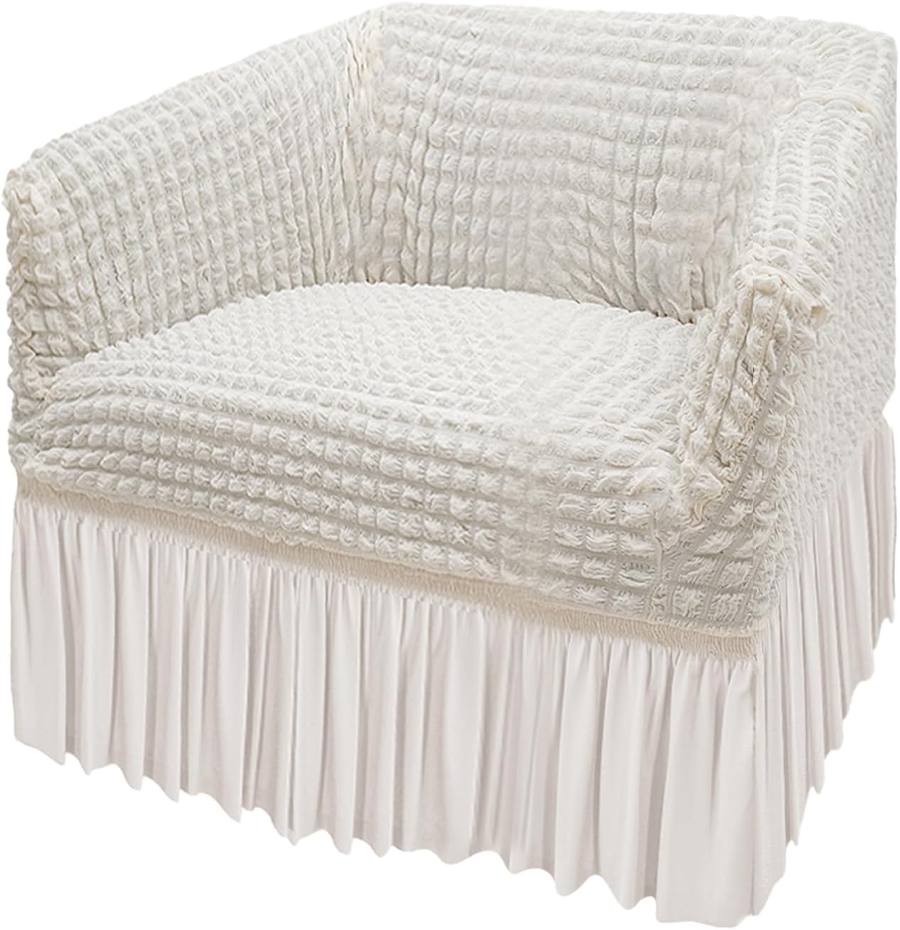 A cream white armchair stretch slipcover on a chair, showcasing a textured and breathable fabric with a skirt at the bottom.