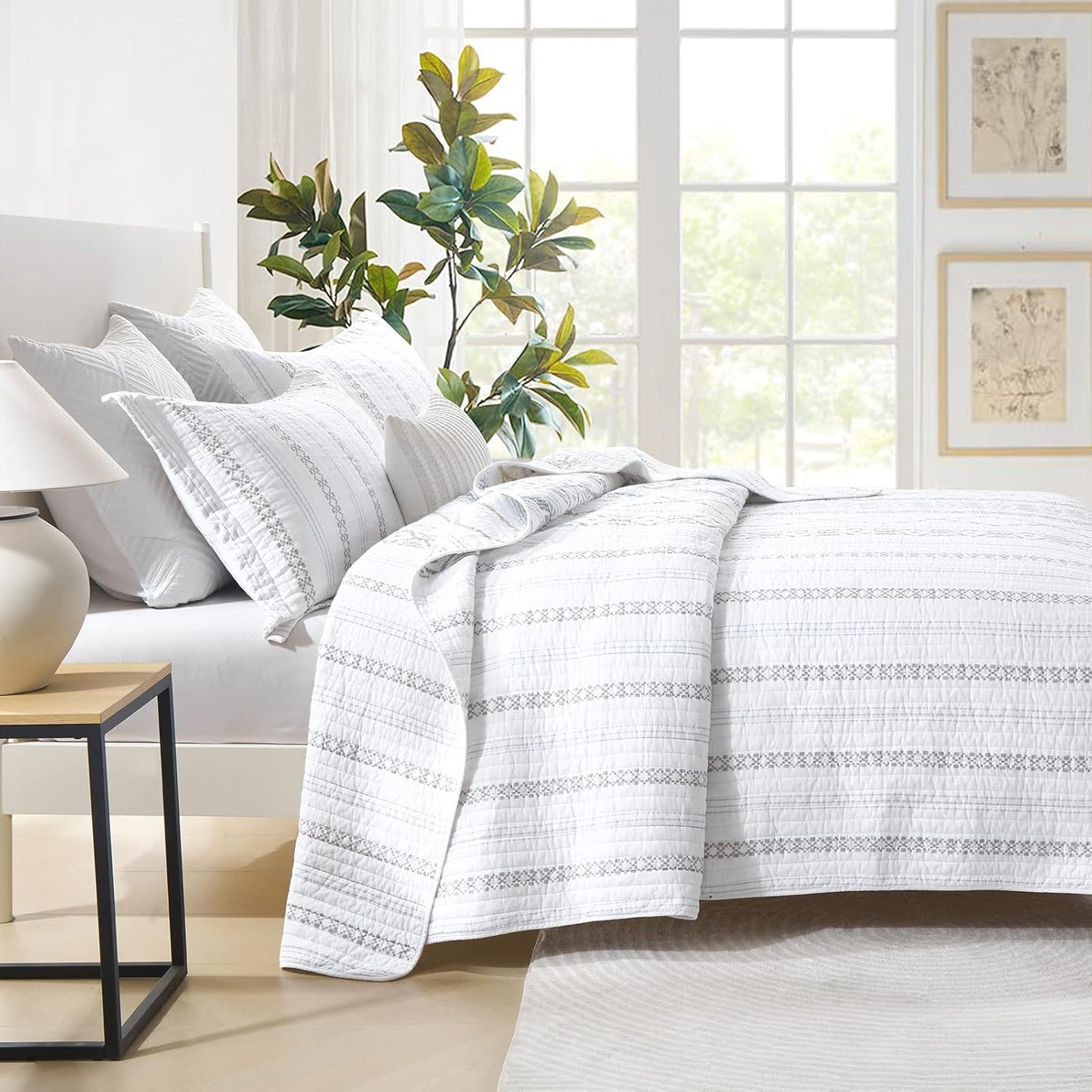 Y-PLWOMEN Geometric Quilt King Size - 100% Cotton Quilt, Striped King Quilt Set