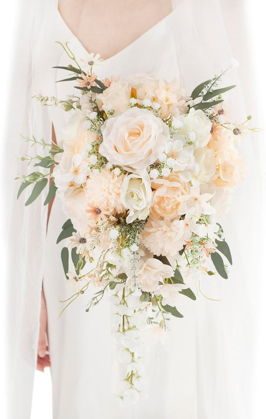 11 Inch Champagne Wedding Bouquets for Bride White Artificial Roses Flower Cascading Bridal Bouquet