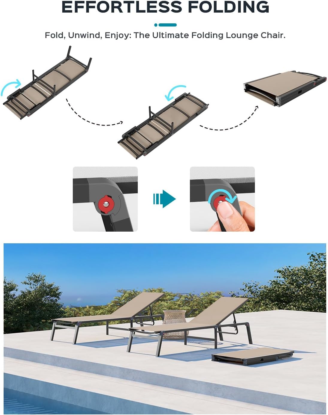 Aluminum Chaise Lounge Outdoor - Foldable & Assemble Free Outdoor Lounge Chair with 5 Positions