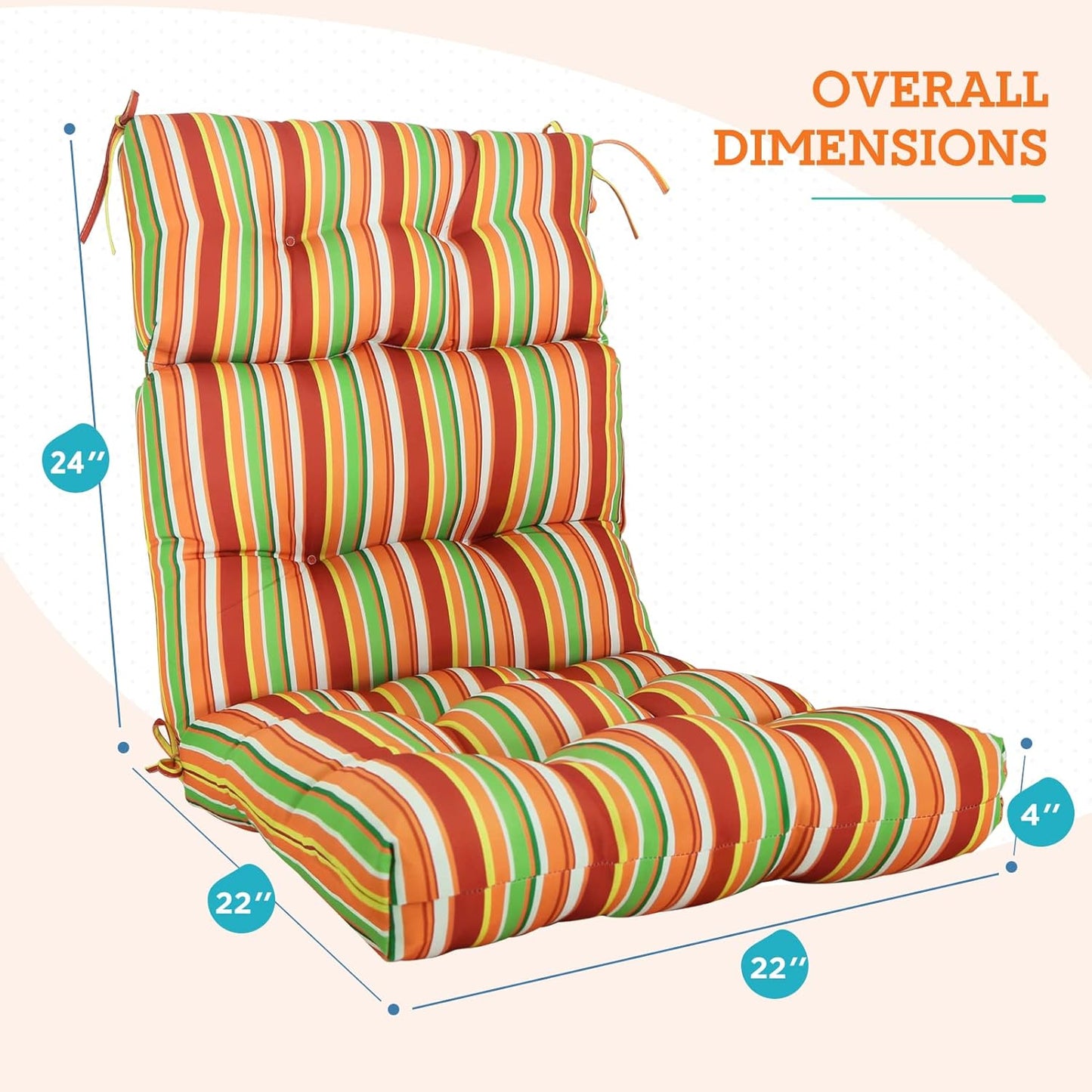 EAGLE PEAK Tufted Outdoor/Indoor High Back Patio Chair Cushions, Set of 2, 46'' x 22'', Rainbow