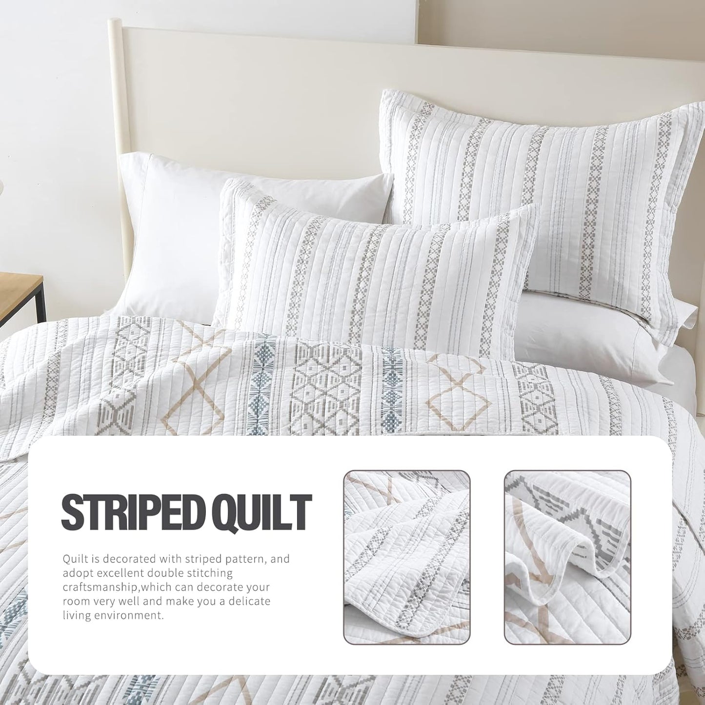 Y-PLWOMEN Geometric Quilt King Size - 100% Cotton Quilt, Striped King Quilt Set