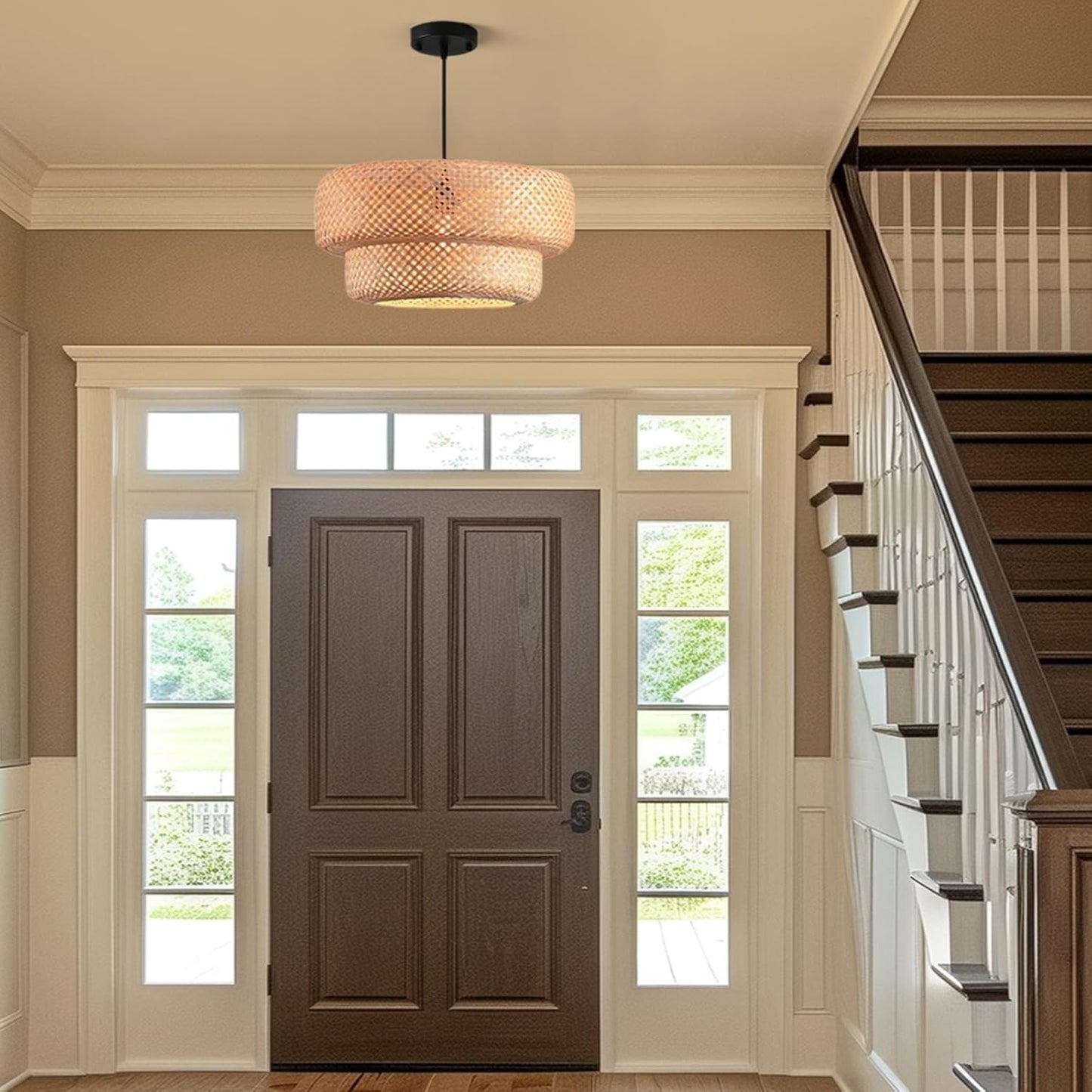 Bamboo Lights Fixtures 14.2in Rattan Pendant Light Kitchen Island 2-Tier Wicker Hanging Light